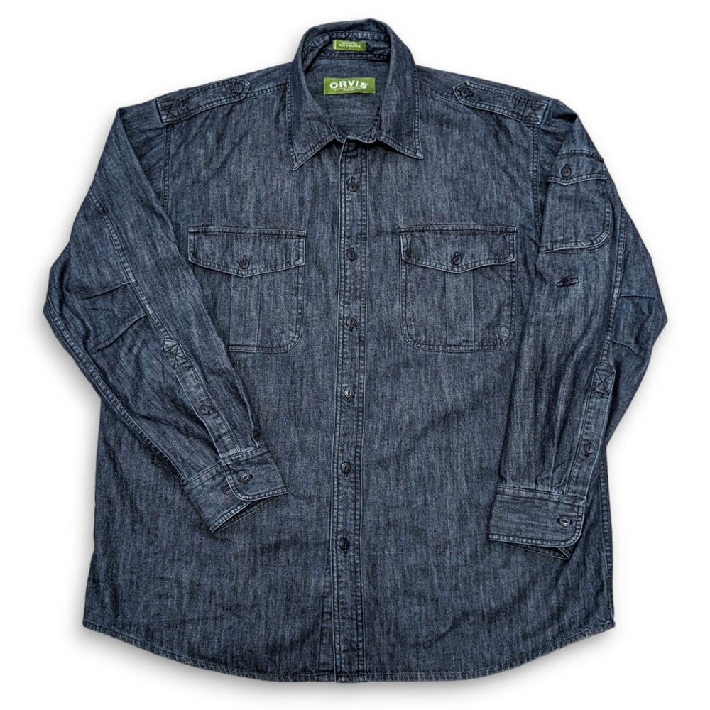 Orvis Men's Large Long Sleeve Denim Shirt Jean Fishing Work Outdoors Pockets